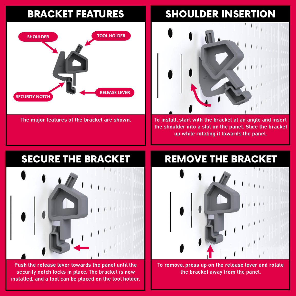 Infographic showing how to insert and remove the TROPEKβ’ 101 Bracket on a Wall Controlβ’ panel.