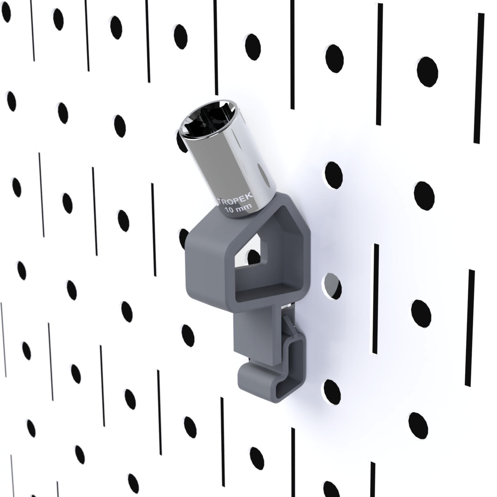 TROPEKβ’ 101 Bracket holding a 1/4" drive socket on a Wall Controlβ’ panel.