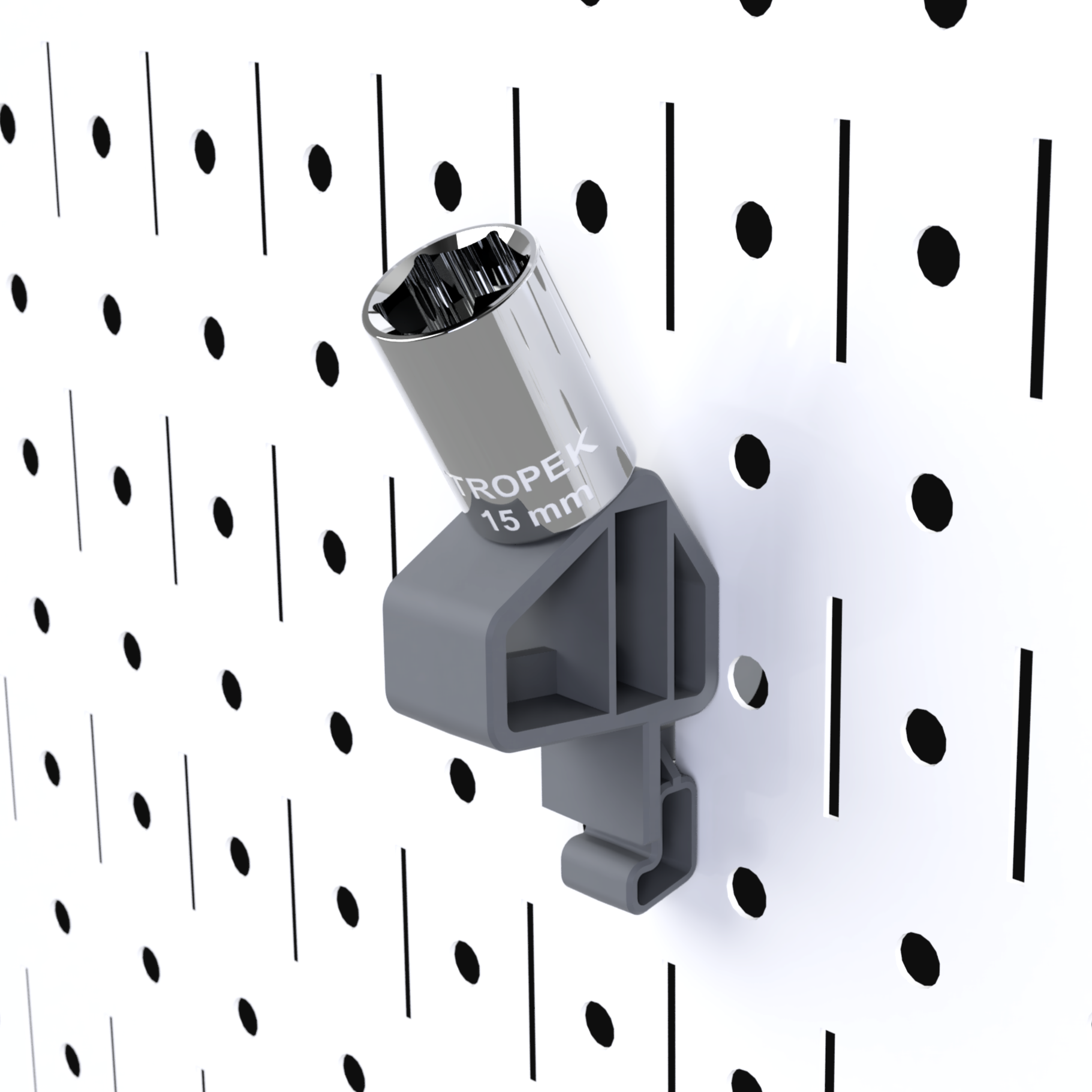 TROPEKβ’ 102 Bracket holding a 3/8" drive socket on a Wall Controlβ’ panel.