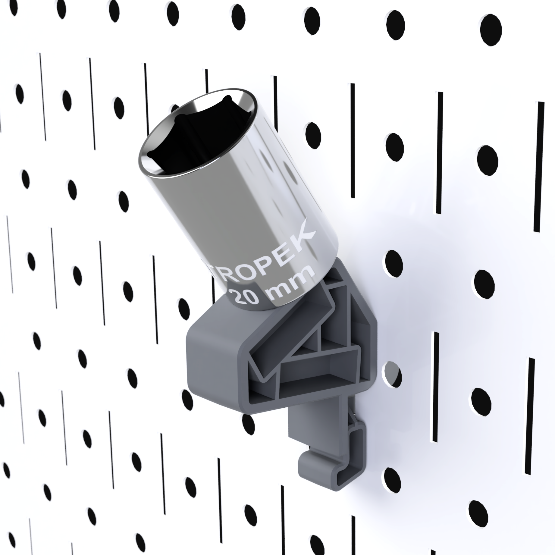 TROPEKβ’ 1/2in Socket Bracket holding a socket on a pegboard panel.