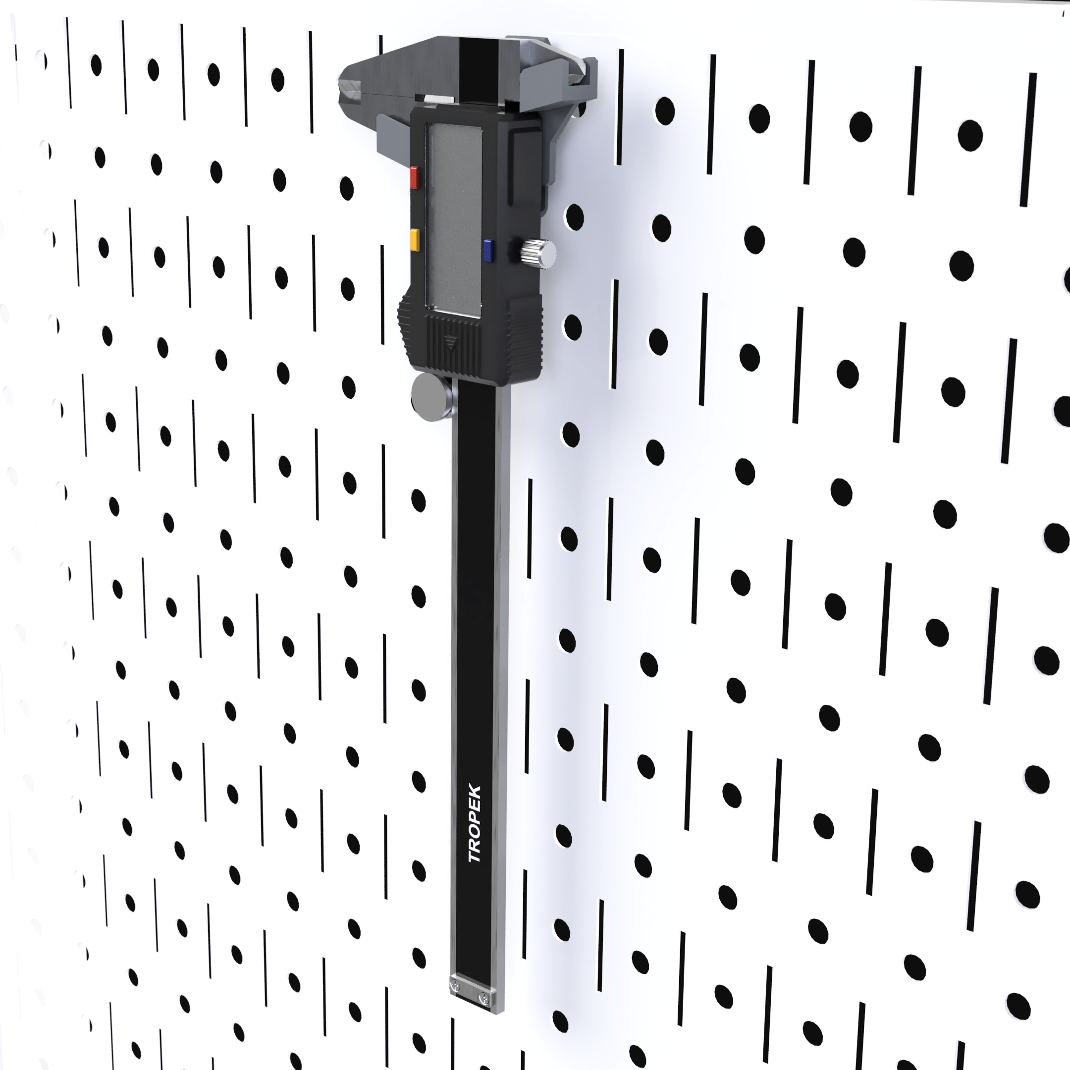 TROPEKβ’ 116 Caliper Bracket securely holding a 6-inch digital caliper on a Wall Controlβ’ panel.