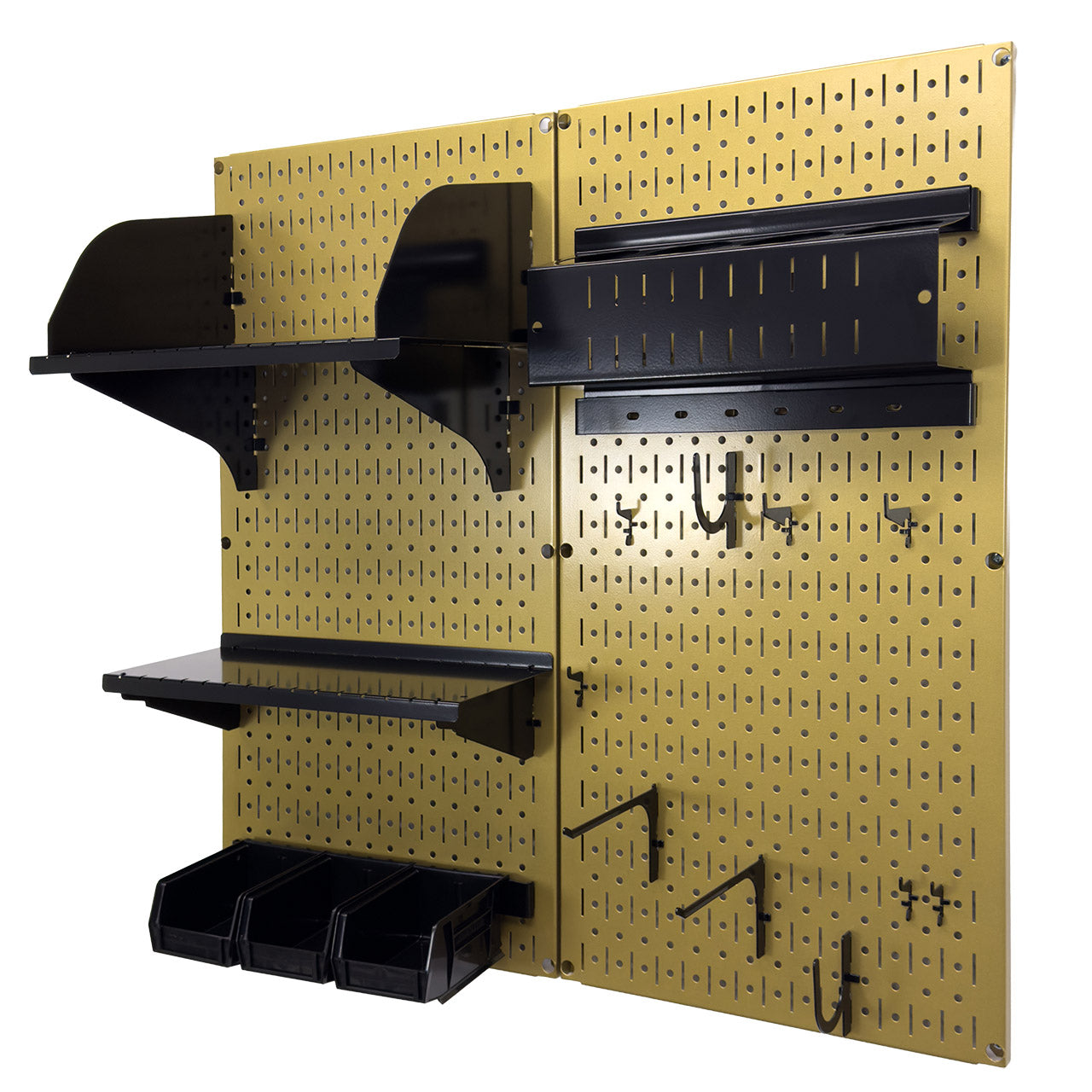 Empty Wall Control gold pegboard panels with black metal shelves, bins, and hooks for craft or tool wall organization.